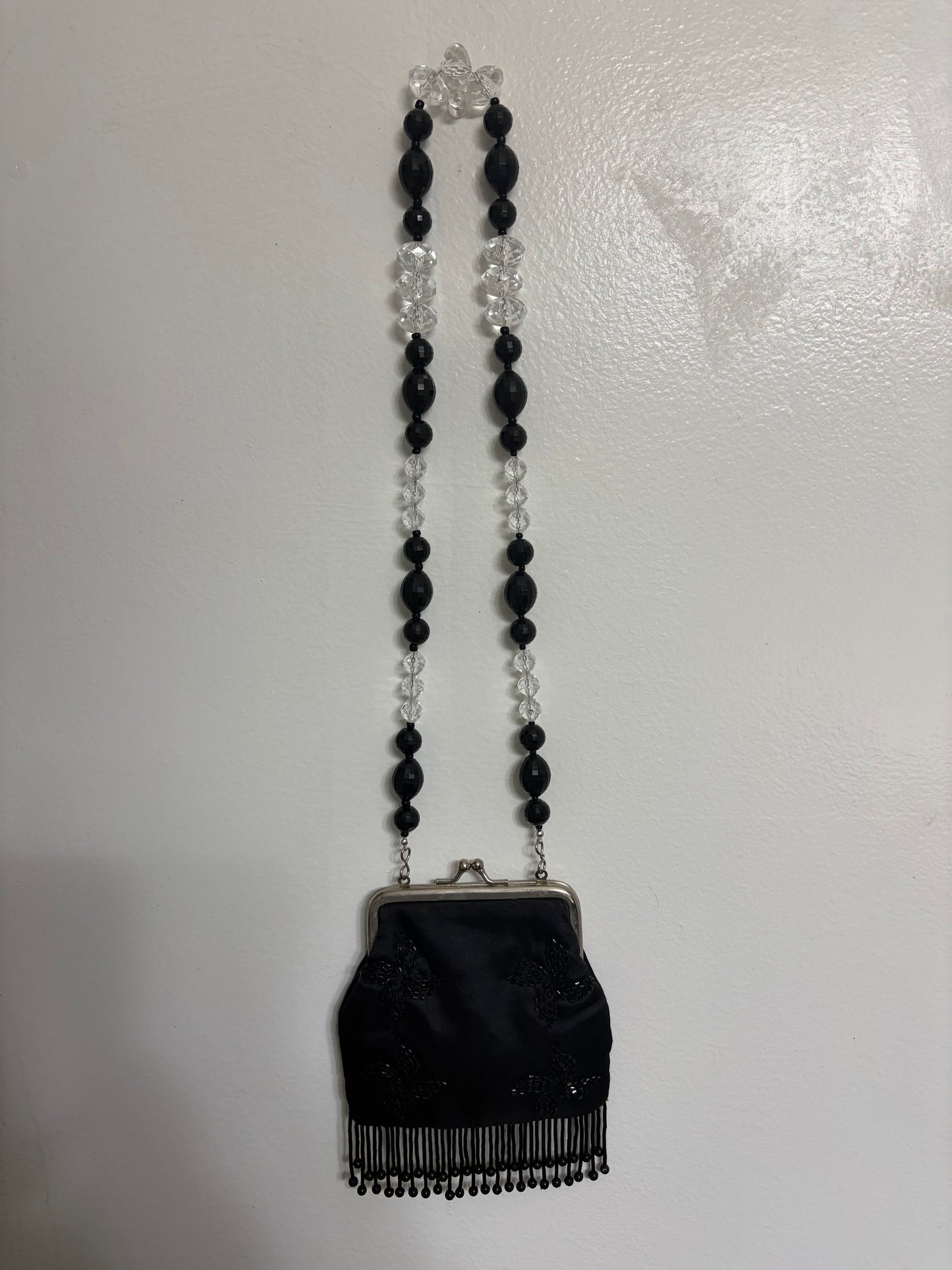 Black Satin Vintage Pouch — Black & Crystal Beaded Strap + Fringe Detail