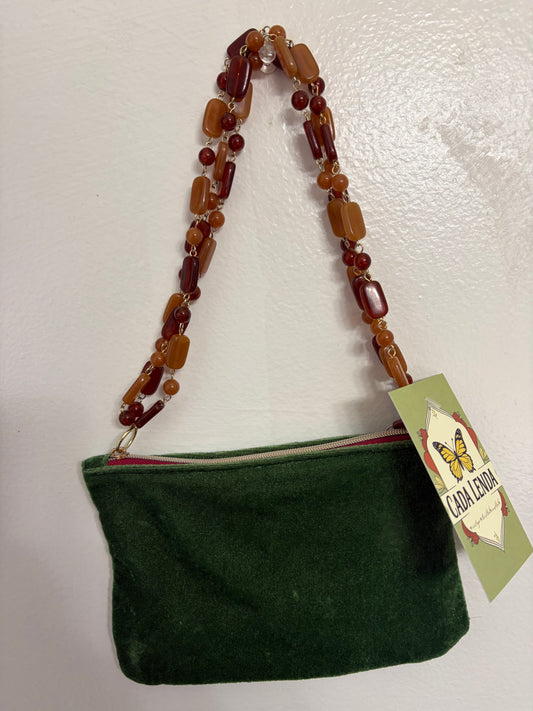 Green Velvet Bag with Amber-Brown Beads