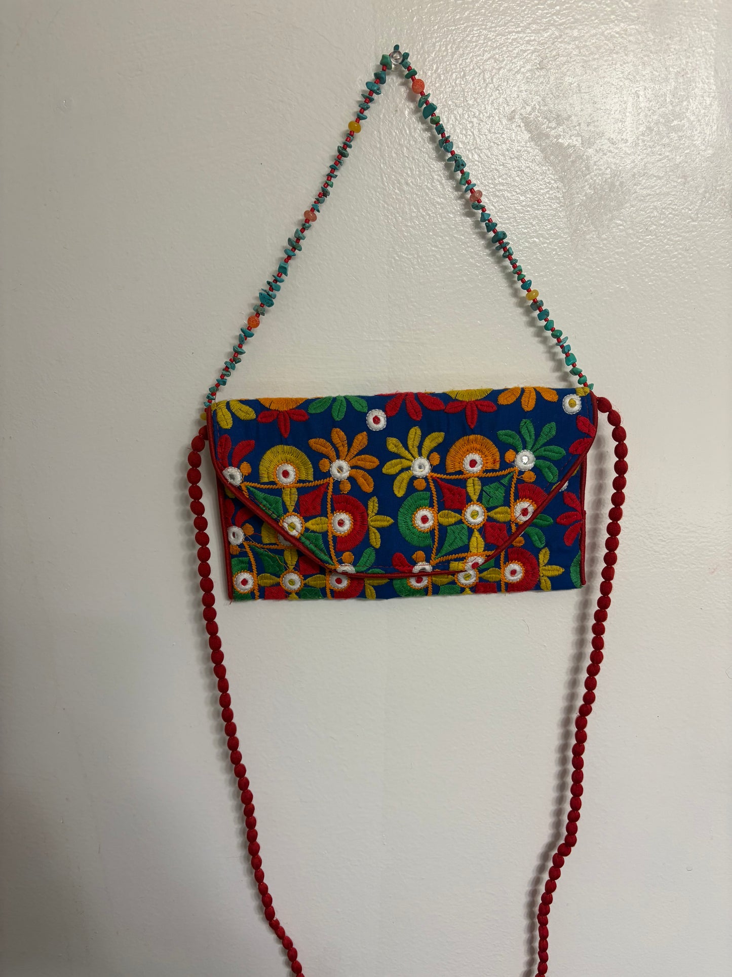 Festa-Thrifted Embroidered Crossbody with Handmade Beaded Strap