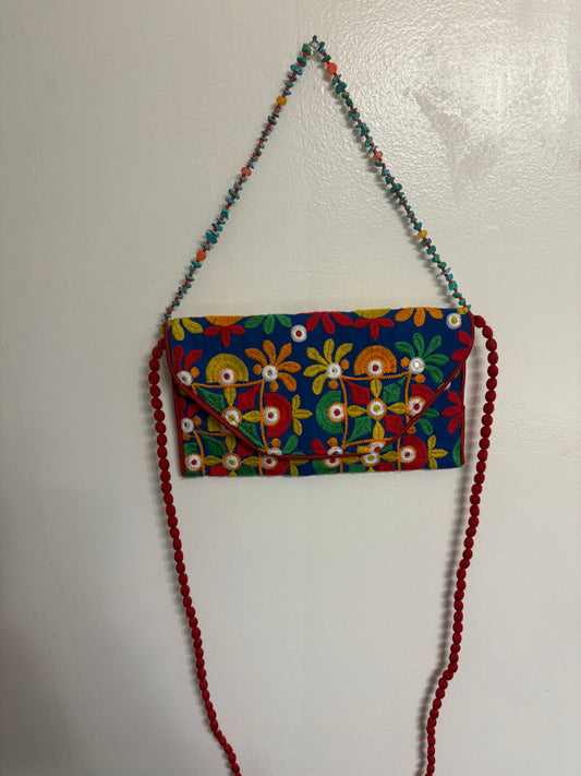 Festa-Thrifted Embroidered Crossbody with Handmade Beaded Strap