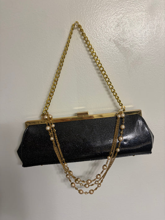Black Glitter Evening Clutch — Gold Chain + Pearl Strap