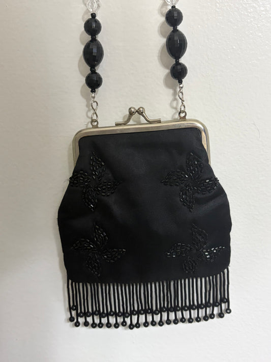 Black Satin Vintage Pouch — Black & Crystal Beaded Strap + Fringe Detail
