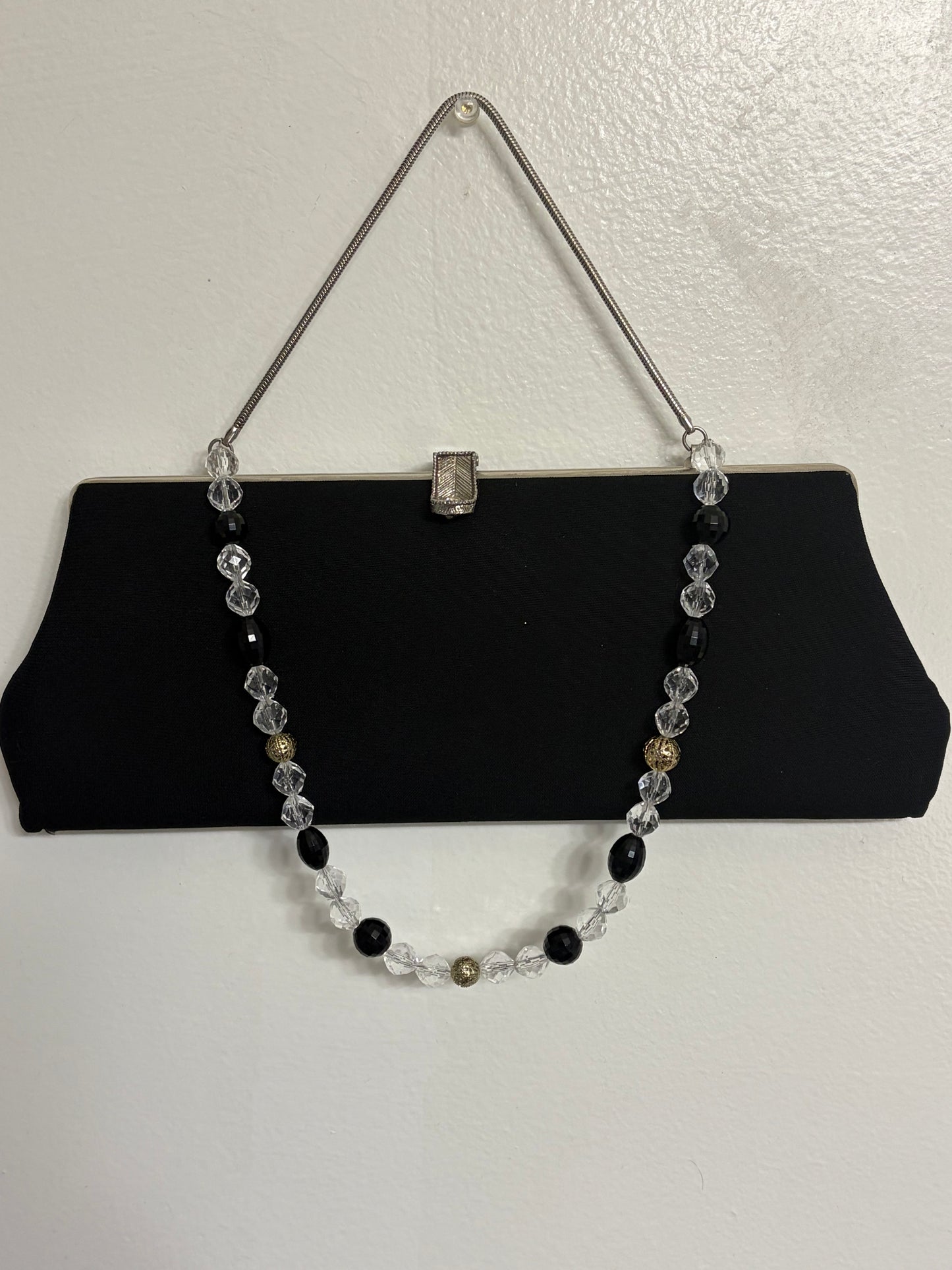 Black Canvas Clutch — Crystal, Black & Gold Beaded Strap