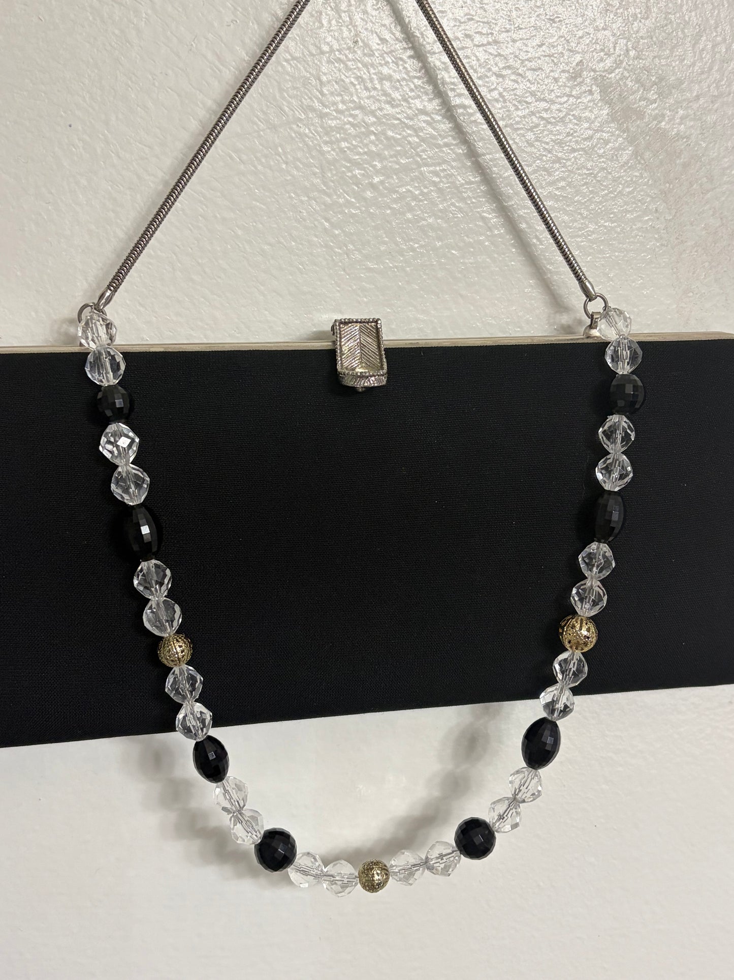 Black Canvas Clutch — Crystal, Black & Gold Beaded Strap