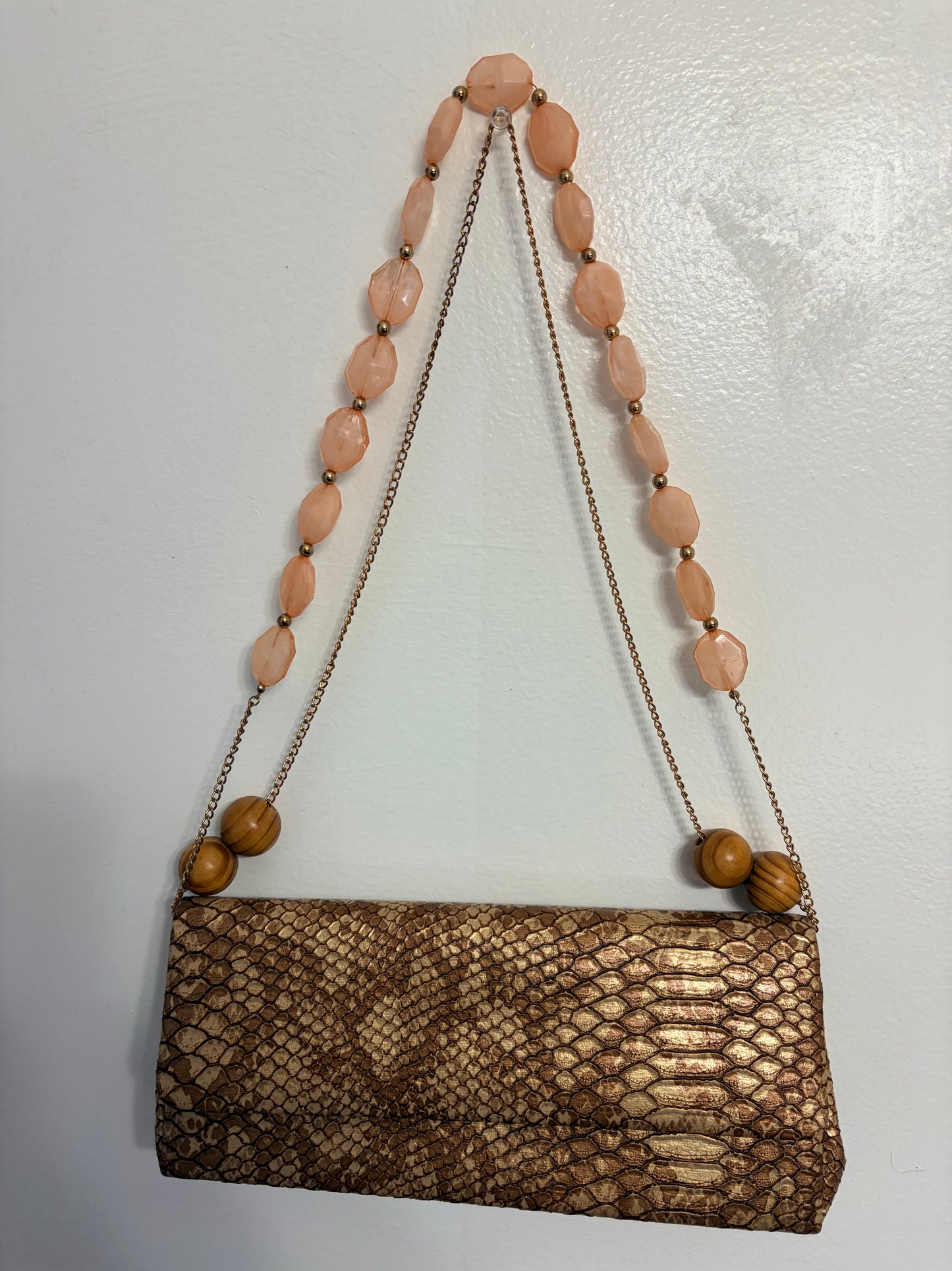 Vintage Gold Snakeskin Shoulder Bag with Peach Beaded Handle