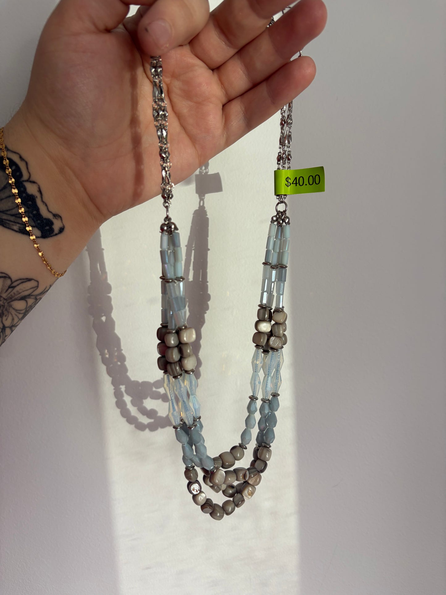 Icy Blue & Taupe Vintage Beaded Necklace